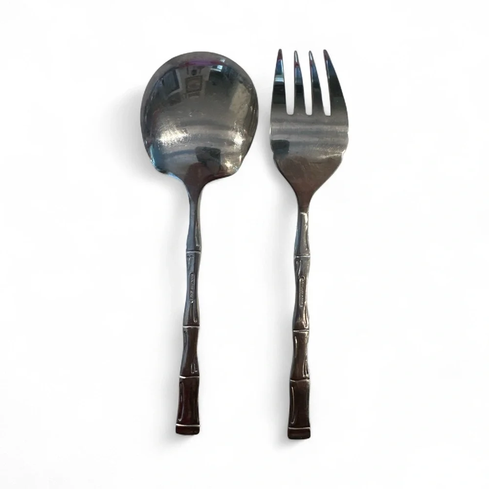2 Piece Fork Spoon Serving Set Holiday Bamboo Mid Century Stainless Korea 9